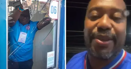 Agressivo, influenciador do Bahia quebra vidro e ameaça atendente de sócios